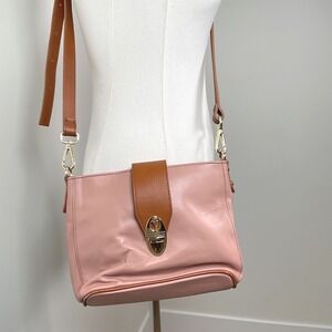 Valentina Italian Leather Crossbody Bag Pink Tan Flap Lock Gold Hardware